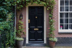 Black front entrance door with floral decoration